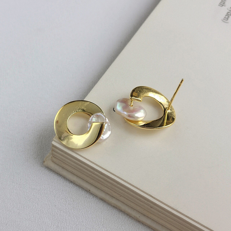 Shaped Baroque Pearl Sterling Silver Plated Gold Stud Earring