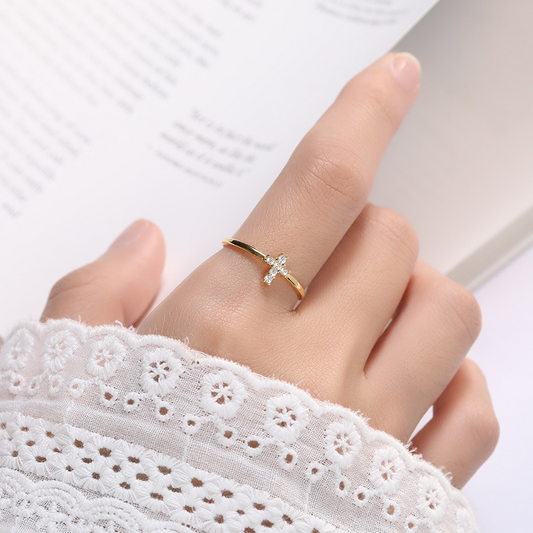 Cross Stackable Round Cut Sterling Silver Plated Gold Ring