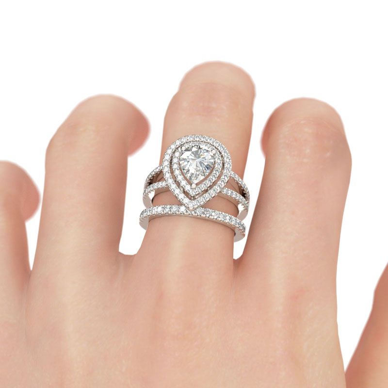 Double Halo Pear Cut Sterling Silver Ring Set-JE-Juri Elle