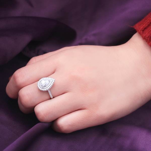 Double Halo Pear Cut Sterling Silver Ring For Women-TL-Juri Elle