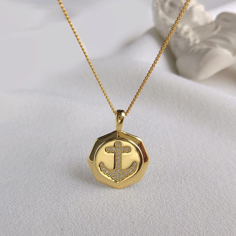 Hollow Anchor Round Cut Sterling Silver Plated Gold Necklace