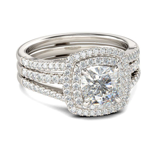 Double Halo Cushion Cut Sterling Silver Ring Set-JE-Juri Elle