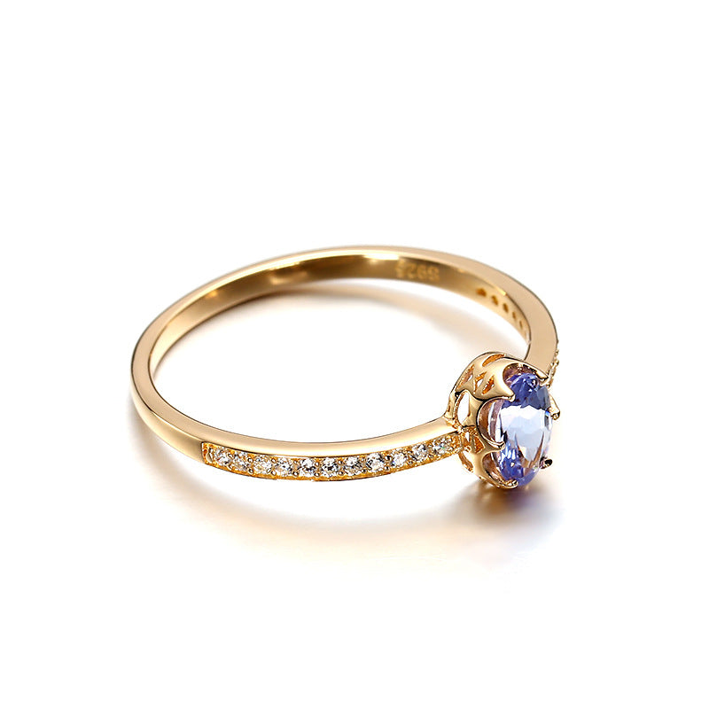 Single Tanzanite Sterling Silver Ring with side diamonds-DL-Juri Elle