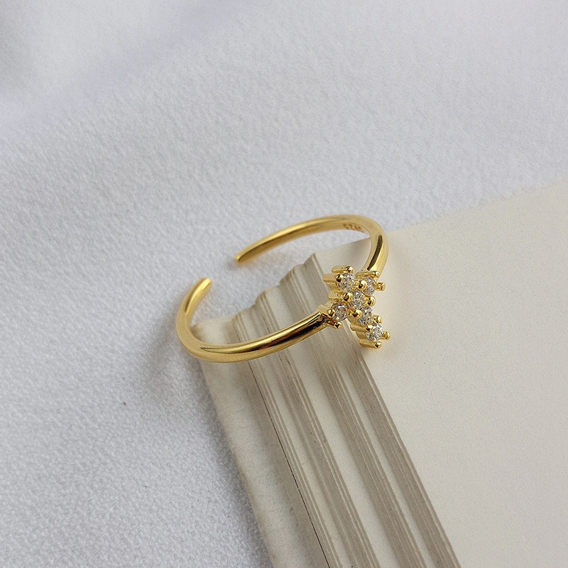 Cross Stackable Round Cut Sterling Silver Plated Gold Ring