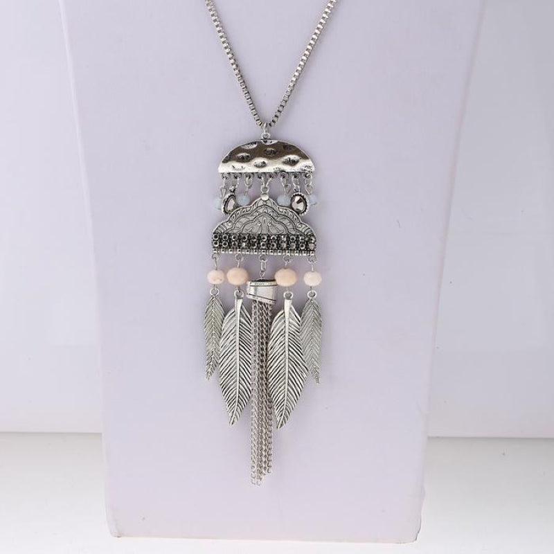 Bohemian Beaded Leaf Tassel Necklace