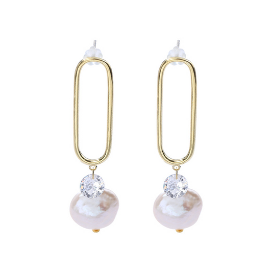 Paperclip Baroque Pearl Sterling Silver Plated Gold Earring