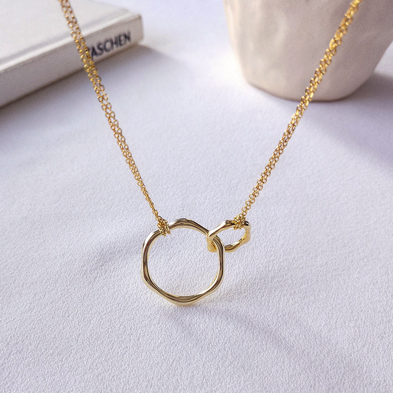 Geometric Interlocking Double-ring Sterling Silver Plated Gold Necklace