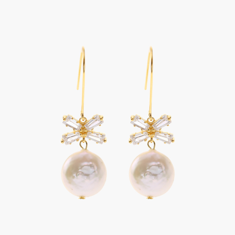 Sweet Bow Baroque Pearl Sterling Silver Plated Gold Earring