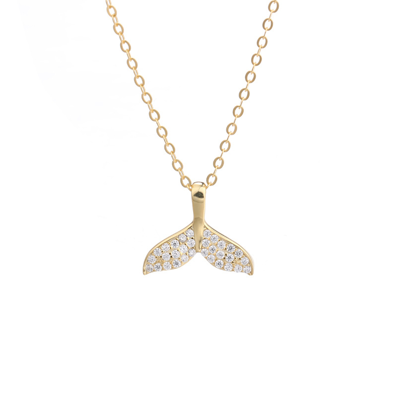 Dolphin Fishtail Round Cut Sterling Silver Plated Gold Necklace