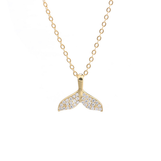 Dolphin Fishtail Round Cut Sterling Silver Plated Gold Necklace