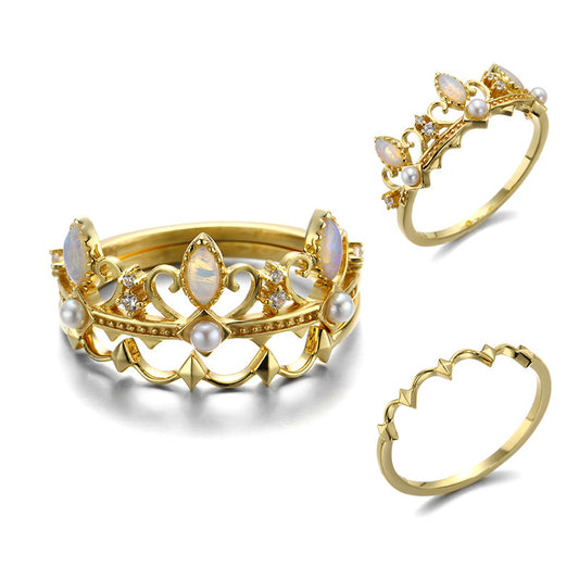 Crown Shape Opal Stone Sterling Silver Ring Set-DL-Juri Elle