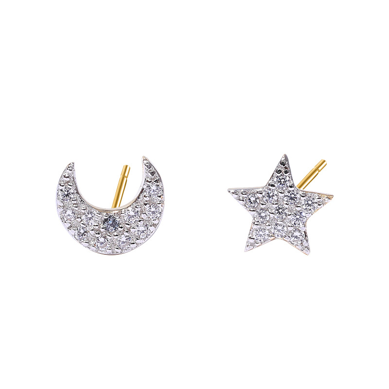 Bright Star&Moon Round Cut Sterling Silver Plated Gold Stud Earring