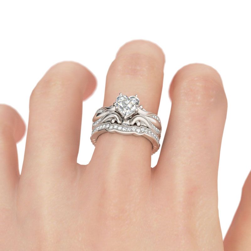Vintage Milgrain Heart Cut Sterling Silver Ring Set-JE-Juri Elle