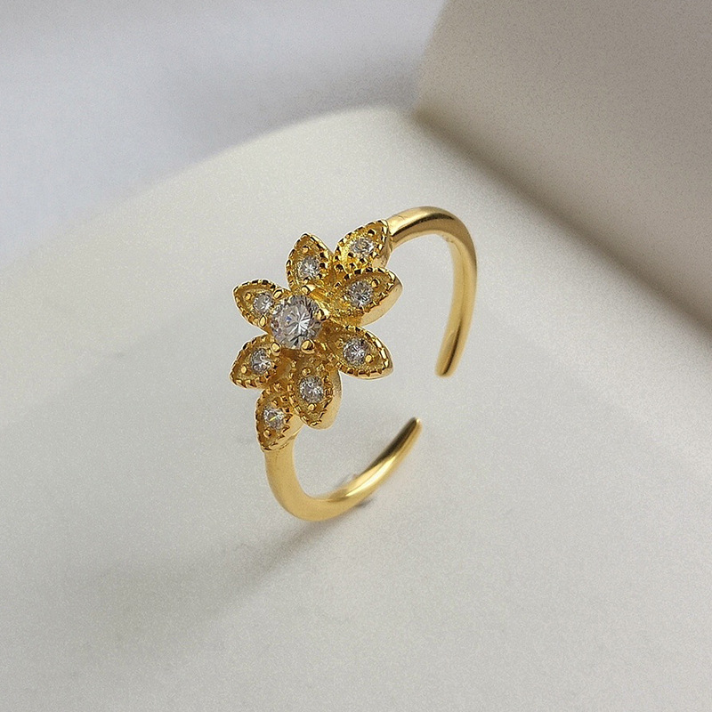 Flower Adjustable Round Cut Sterling Silver Plated Gold Ring