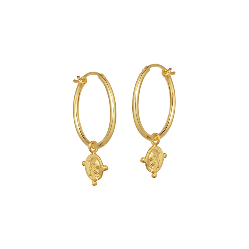 Circle Golden Portrait Coin Sterling Silver Plated Gold Earring