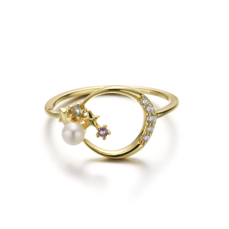Stars And Moon Sterling Silver Ring With Pearl-DL-Juri Elle