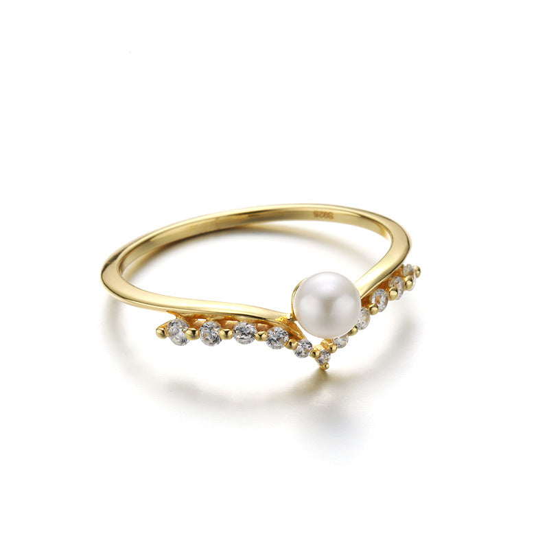 Crown Shape Sterling Silver Ring With Pearl-DL-Juri Elle