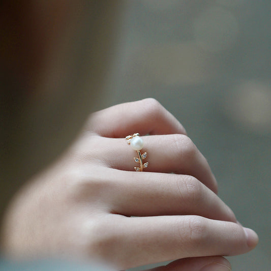 Leaf Shape Sterling Silver Ring With Pearl-DL-Juri Elle