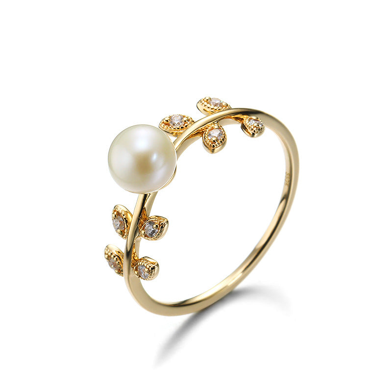 Leaf Shape Sterling Silver Ring With Pearl-DL-Juri Elle