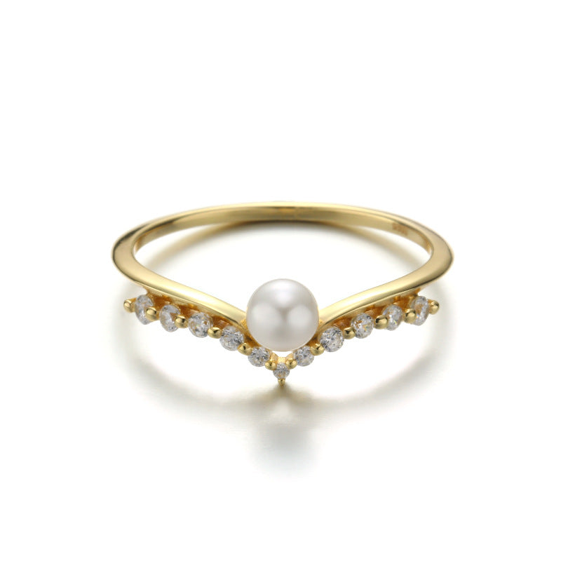 Crown Shape Sterling Silver Ring With Pearl-DL-Juri Elle