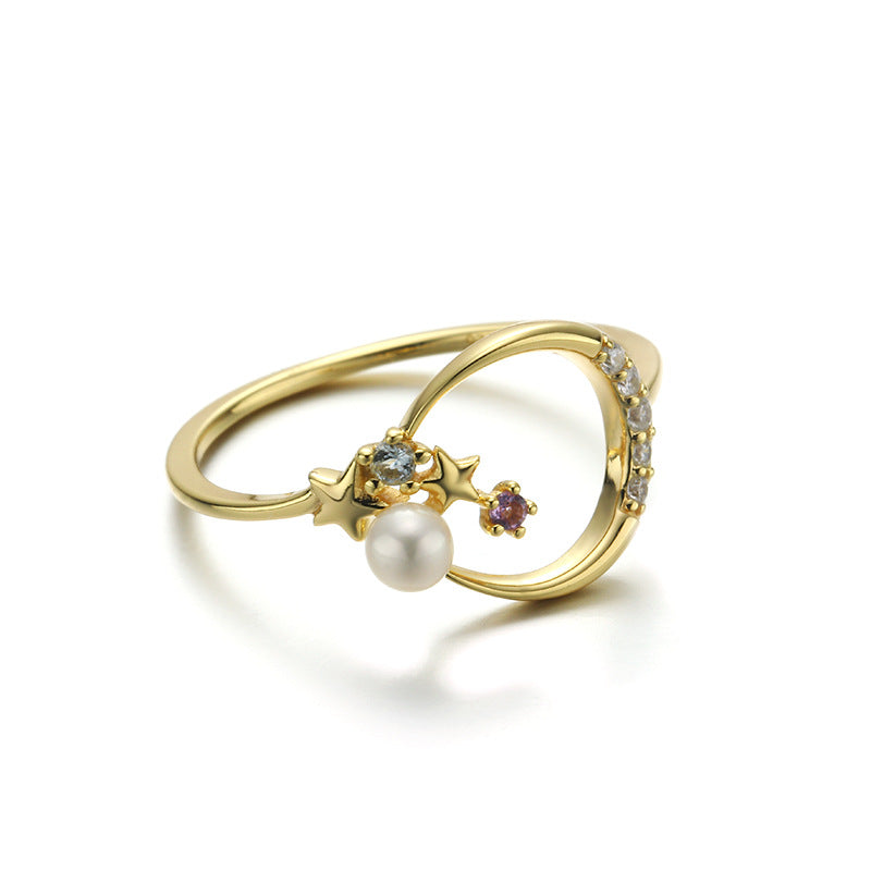Stars And Moon Sterling Silver Ring With Pearl-DL-Juri Elle