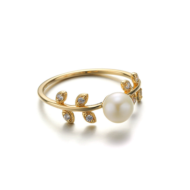 Leaf Shape Sterling Silver Ring With Pearl-DL-Juri Elle