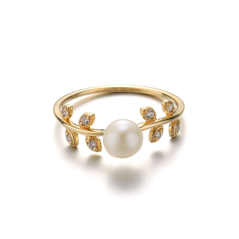Leaf Shape Sterling Silver Ring With Pearl-DL-Juri Elle