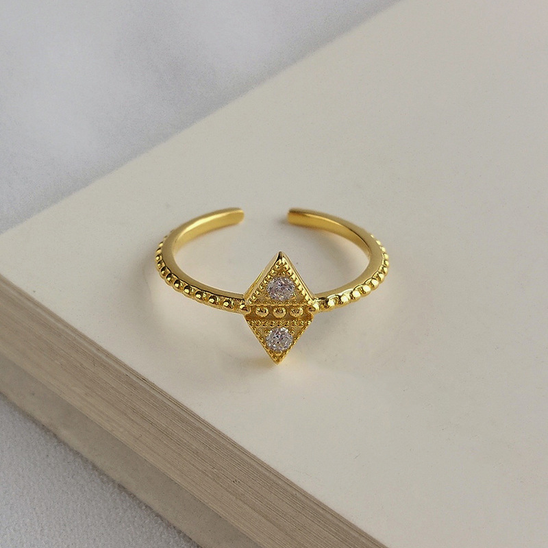 Triangle Beads Round Cut Sterling Silver Plated Gold Ring