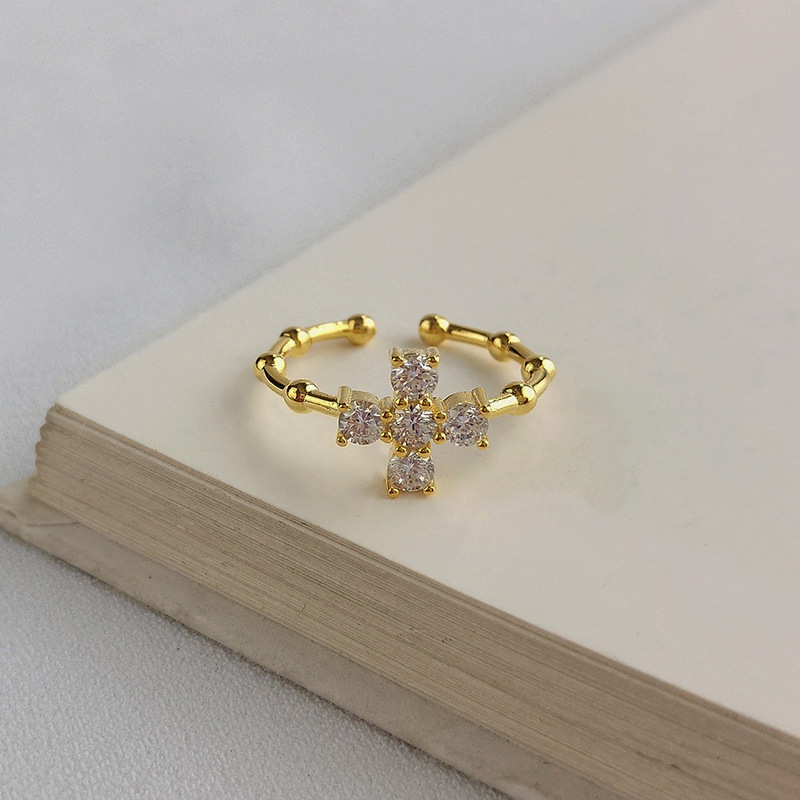 Cross Bamboo Bone Round Cut Sterling Silver Plated Gold Ring