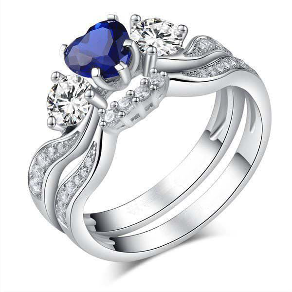 Three Stone Heart Cut Sterling Silver Ring Set-JE-Juri Elle