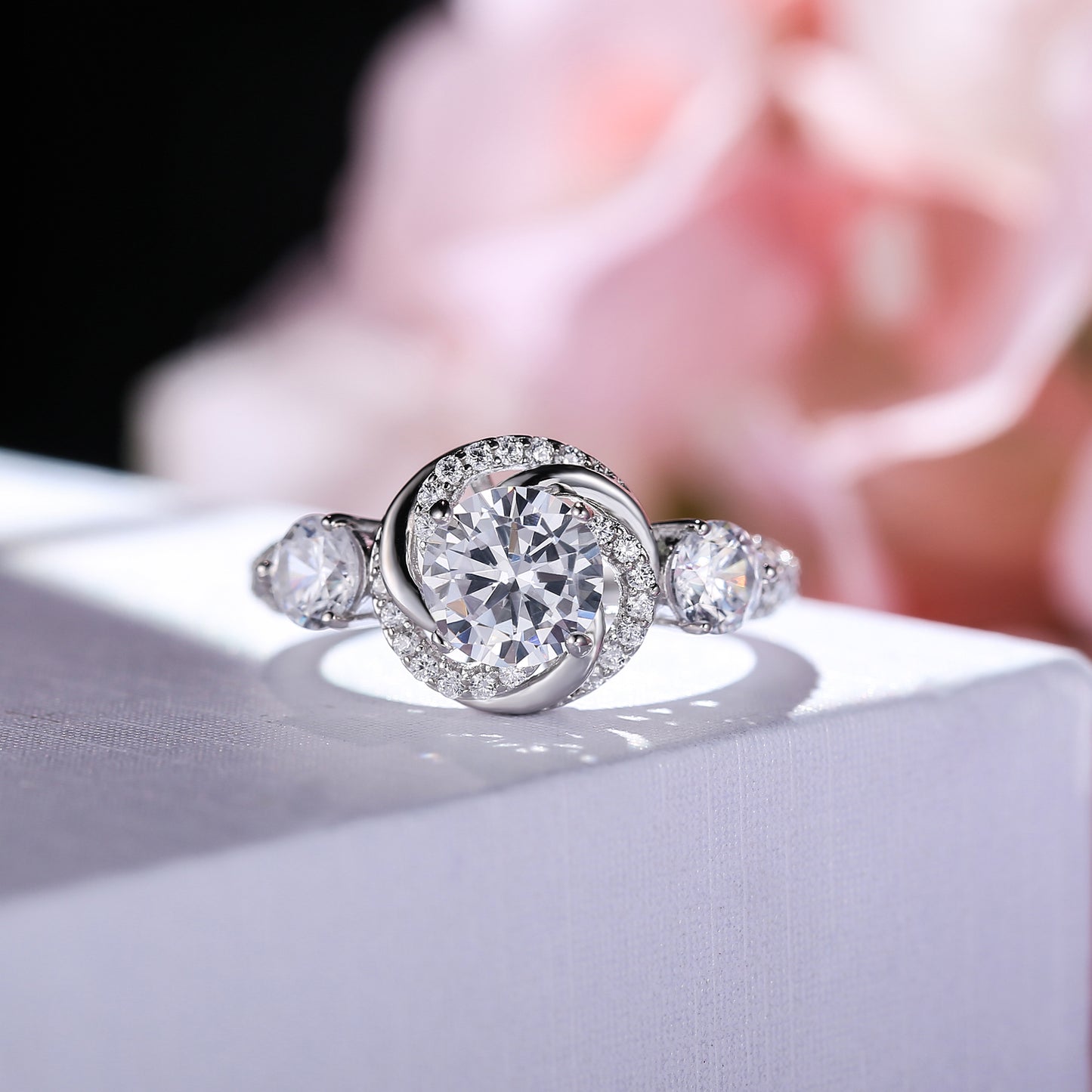 Floral Halo Round Cut Sterling Silver Ring
