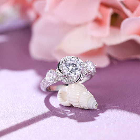 Floral Halo Round Cut Sterling Silver Ring