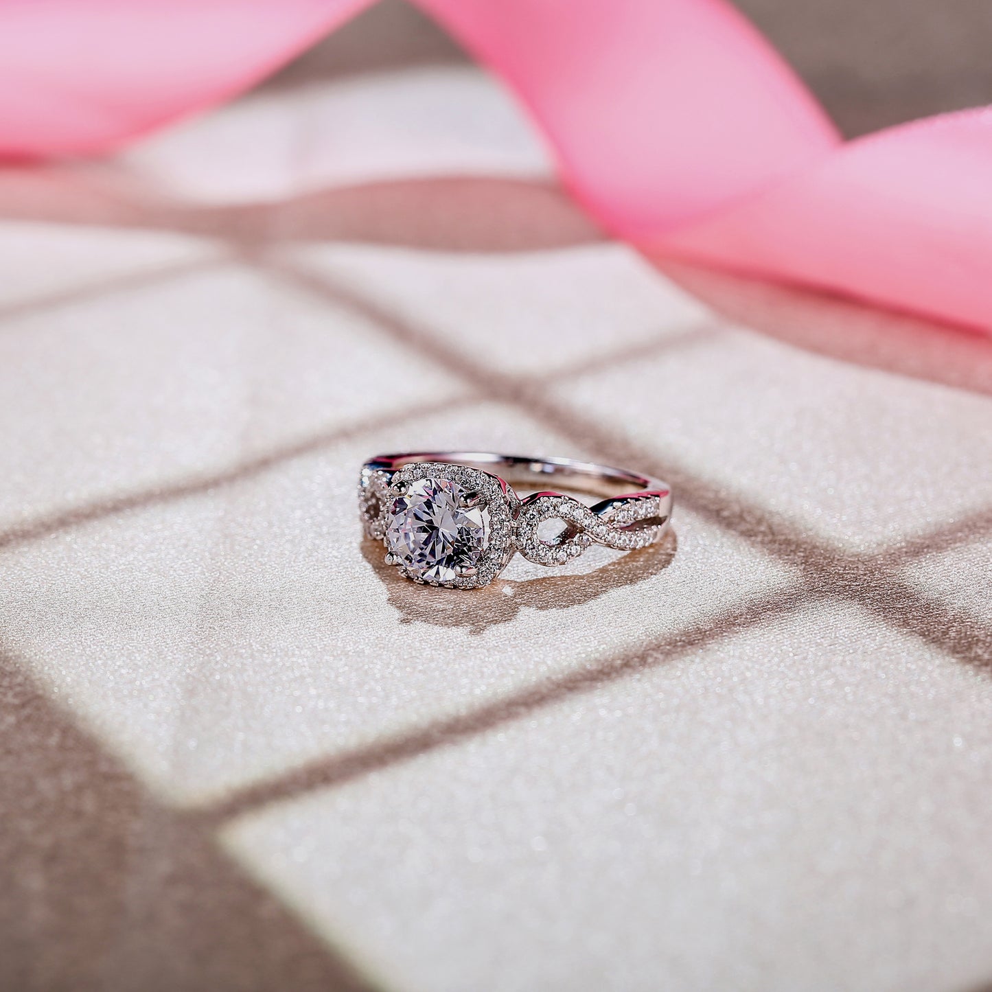 Twist Halo Round Cut Sterling Silver Ring