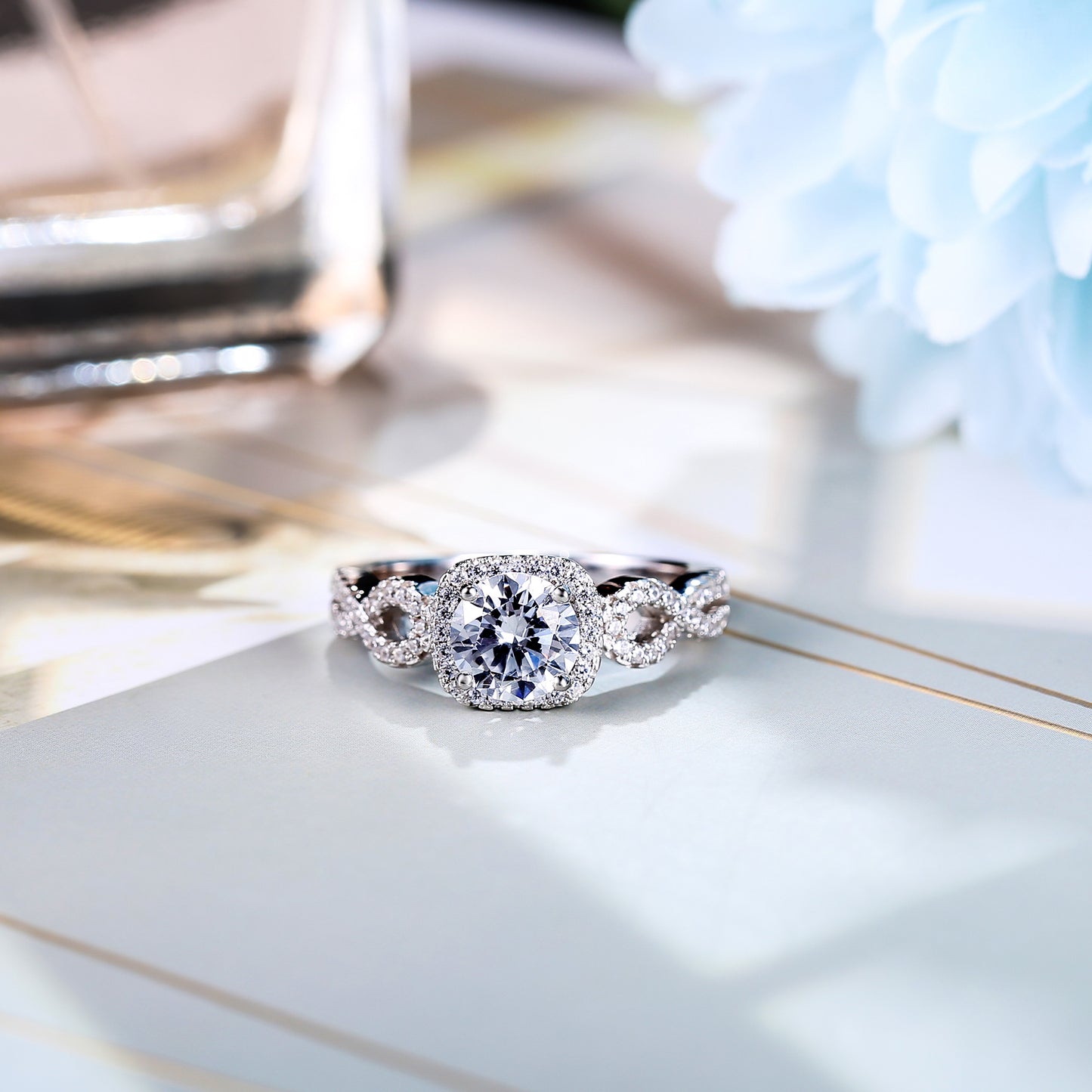 Twist Halo Round Cut Sterling Silver Ring