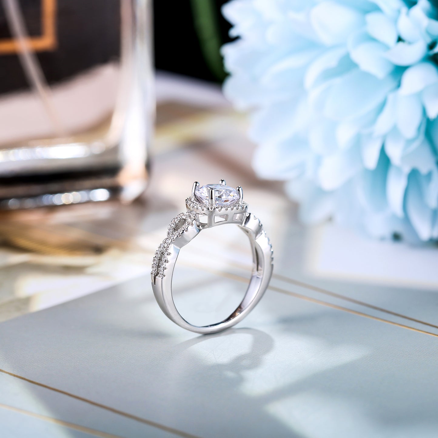 Twist Halo Round Cut Sterling Silver Ring