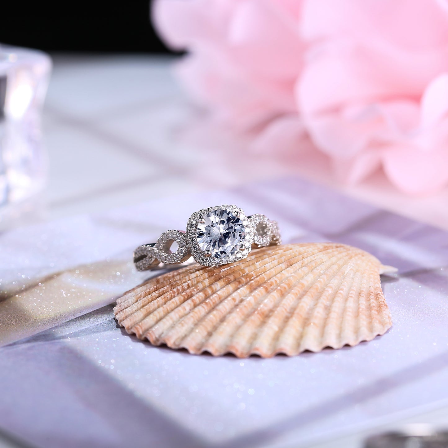 Twist Halo Round Cut Sterling Silver Ring