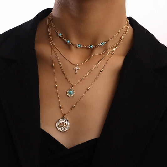 Bohemian Hollowed-out Flower Necklace With Diamond Cross