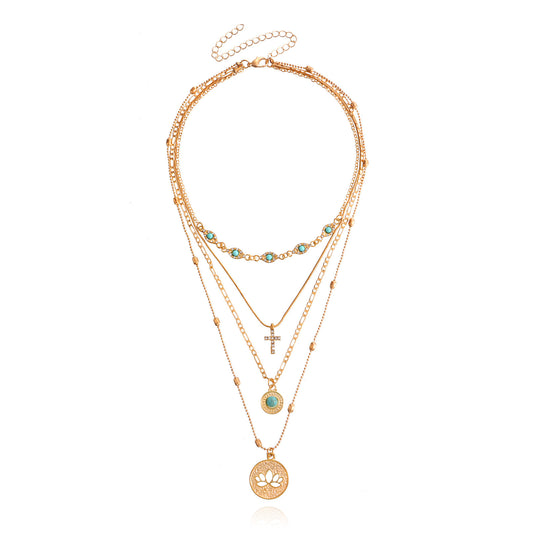Bohemian Hollowed-out Flower Necklace With Diamond Cross