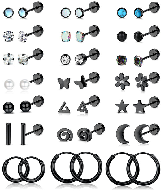 FIOROYAL 21Pairs Small Stud Earrings for Women Black Stud Earrings 20G Flat Back Earrings Screw Back Earrings Hoop Earrings for Cartilage Ears