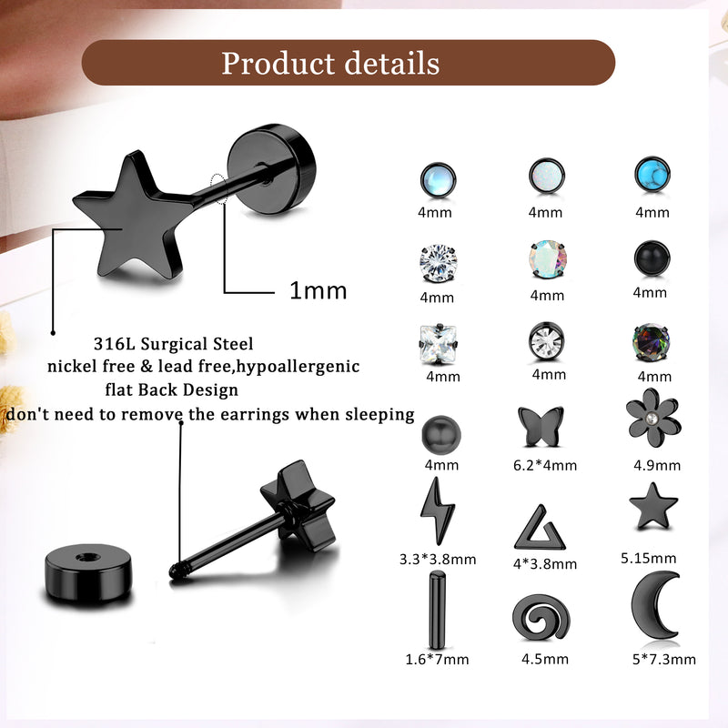 FIOROYAL 21Pairs Small Stud Earrings for Women Black Stud Earrings 20G Flat Back Earrings Screw Back Earrings Hoop Earrings for Cartilage Ears