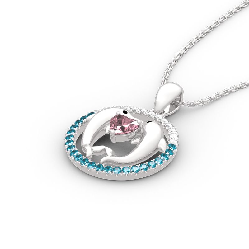Two Dancing Dolphins Heart Cut Sterling Silver Necklace-JE-Juri Elle