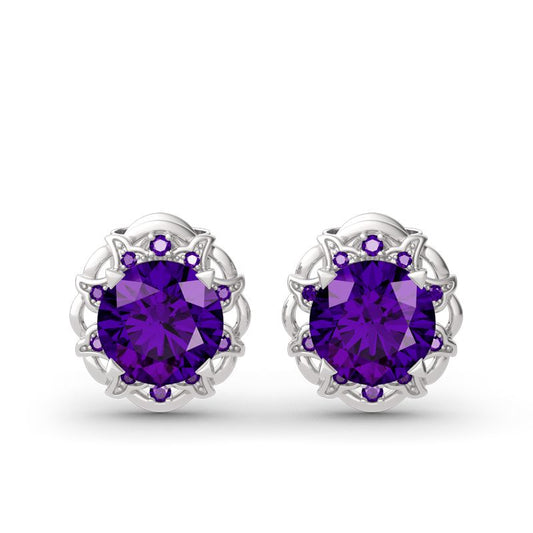 Amethyst Flower Round Cut Sterling Silver Stud Earrings-JE-Juri Elle