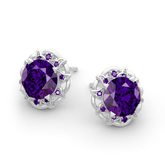 Amethyst Flower Round Cut Sterling Silver Stud Earrings-JE-Juri Elle