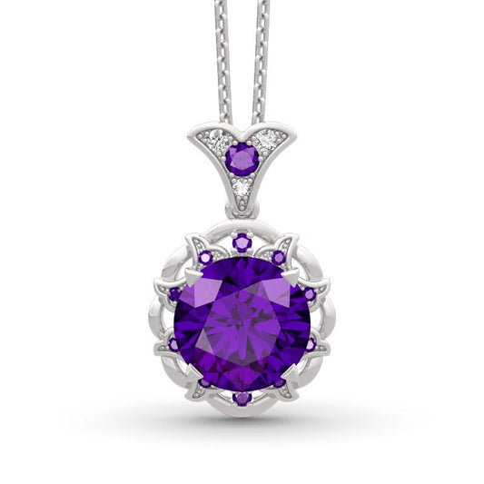 Amethyst Flower Round Cut Sterling Silver Necklace-JE-Juri Elle