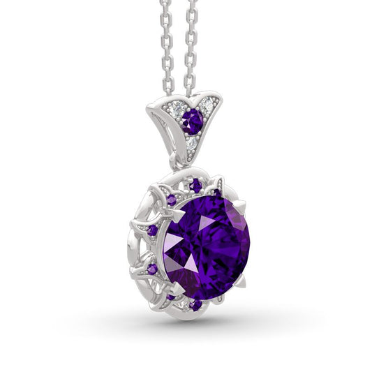 Amethyst Flower Round Cut Sterling Silver Necklace-JE-Juri Elle