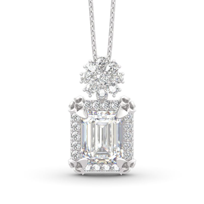 Vintage Flower Halo Emerald Cut Sterling Silver Pendant Necklace-JE-Juri Elle
