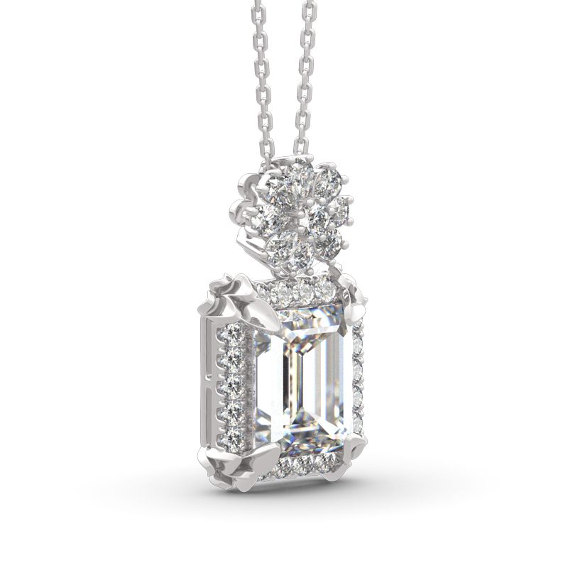 Vintage Flower Halo Emerald Cut Sterling Silver Pendant Necklace-JE-Juri Elle