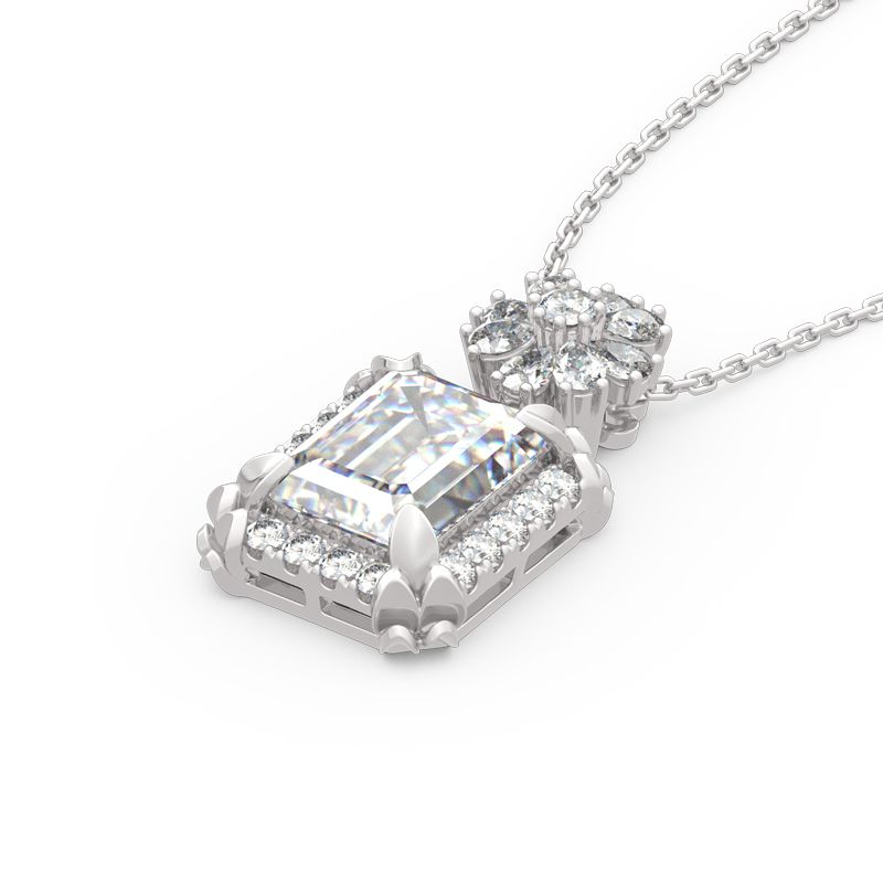Vintage Flower Halo Emerald Cut Sterling Silver Pendant Necklace-JE-Juri Elle