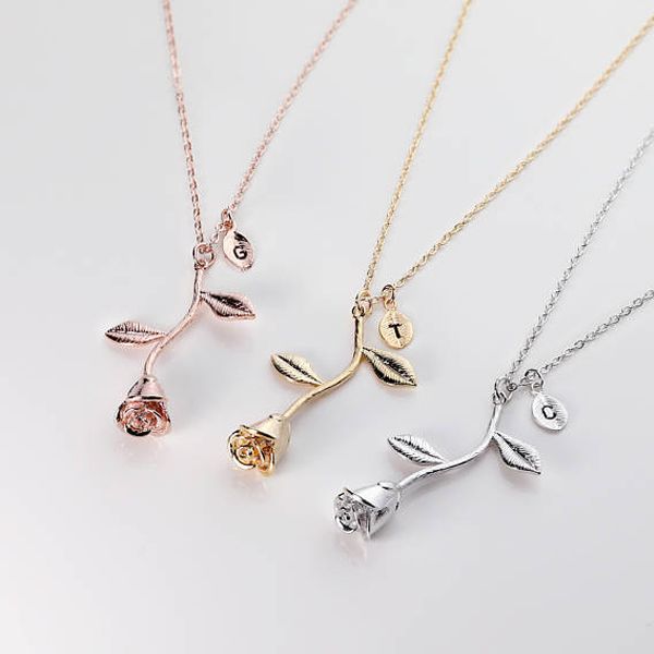 Rose With Initial Necklace Sterling Silver-JE-Juri Elle