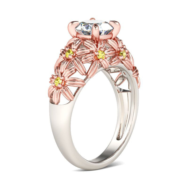 Two Tone Flower Round Cut Sterling Silver Ring-JE-Juri Elle